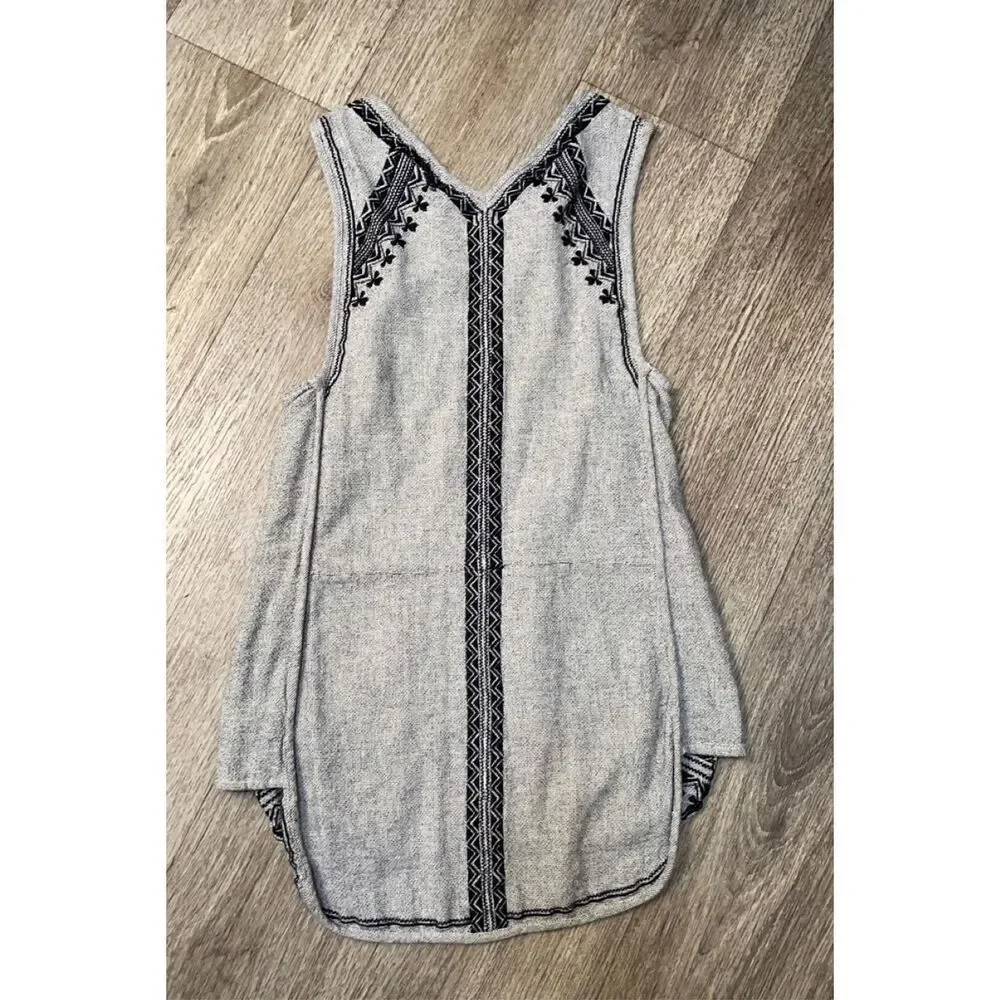 Free People Gray Burlap Embroidered Tunic XS Boho Hippie